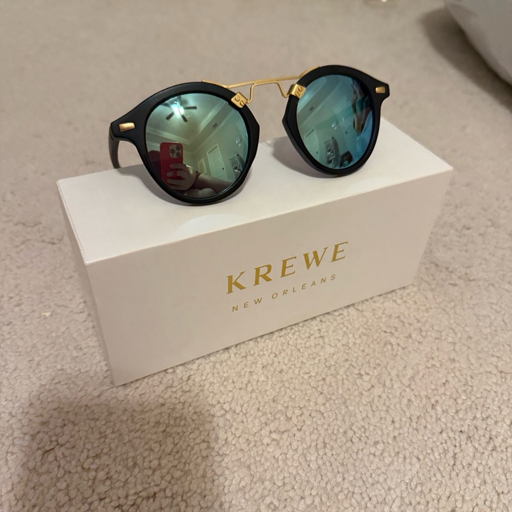 KREWE St. Louis Matte Black Sunglasses with Blue Mirrored Lenses